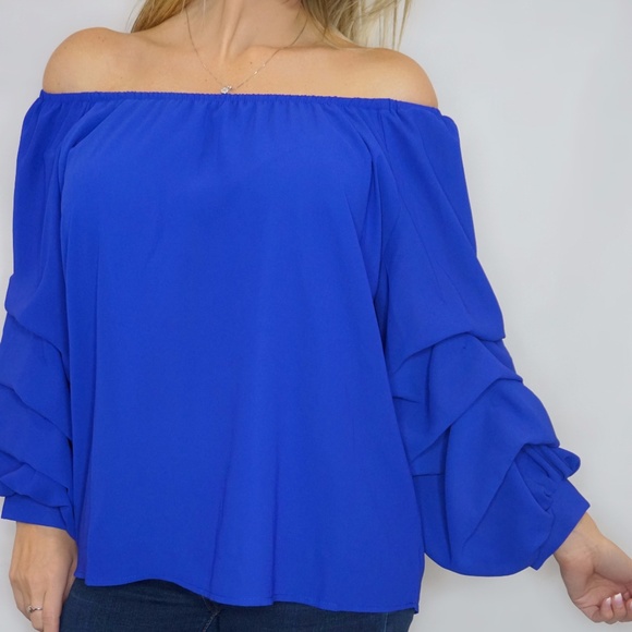 *NEW* NAVY OFF SHOULDER TOP W/RUFFLE SLEEVES - Picture 3 of 5